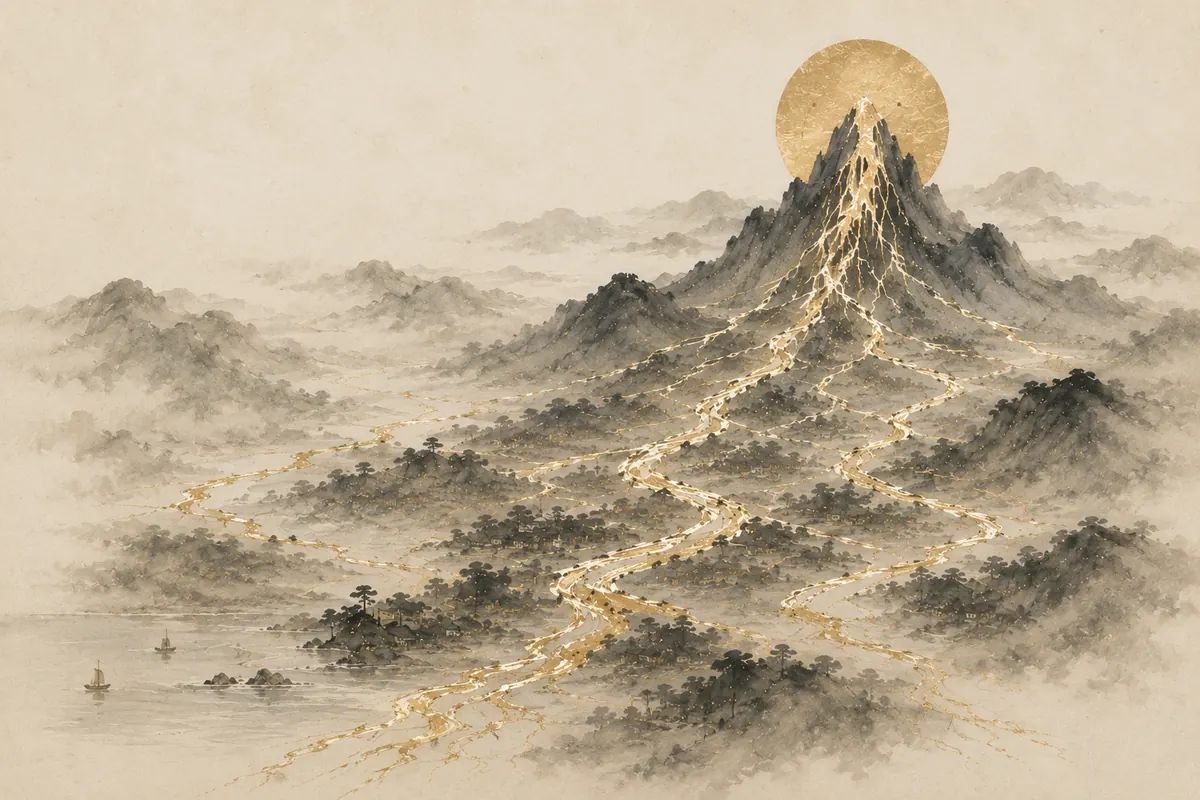 Ink-wash illustration: gold rivers running down from one gilded peak and branching out across the valleys below.
