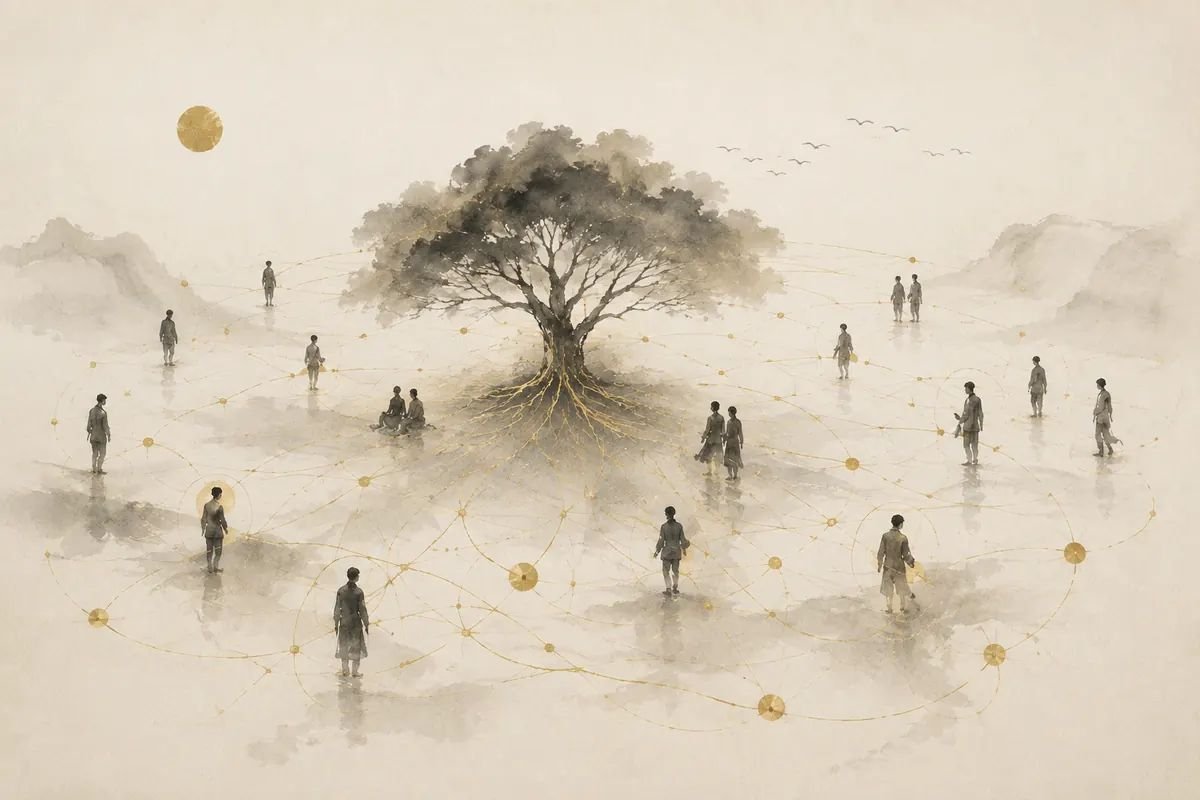 Ink-wash illustration: figures standing across a plain, linked by fine gold lines radiating from the roots of a single tree.